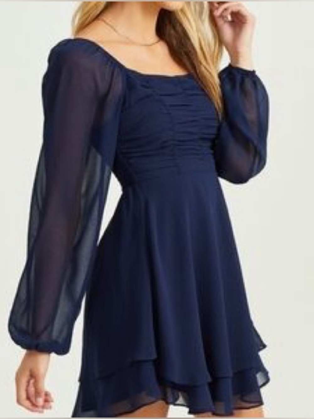 NWT Altar’d State Mini Babydoll Chiffon Dress Smocked Bodice Long Sleeve NEW.  6